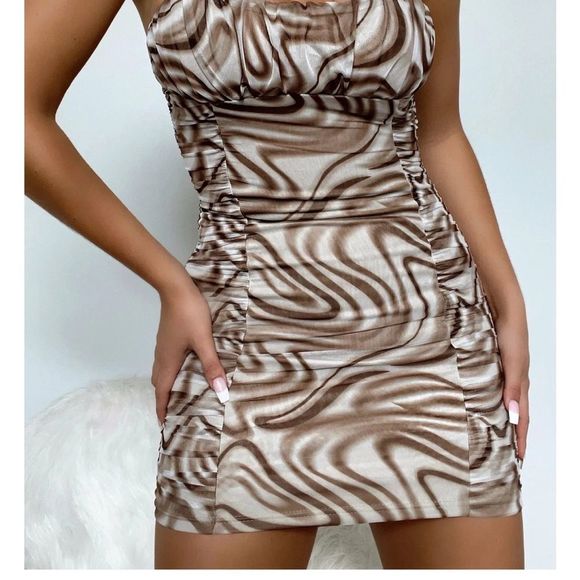 Brown Swirl Print Ruched Mini Dress - Picture 3 of 15